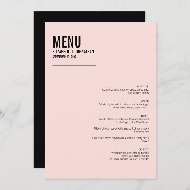 Cartão de Menu de Casamento com Tipografia Rosa Si (Frente/Verso)