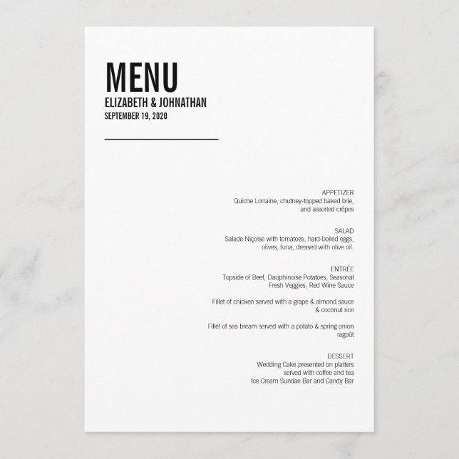 Cartão de Menu de Casamento com Tipografia Simples (Frente)