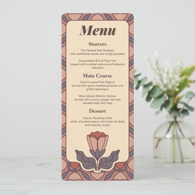 Cartão de Menu de Casamento com Vitral Floral Art  (Em pé/Frente)