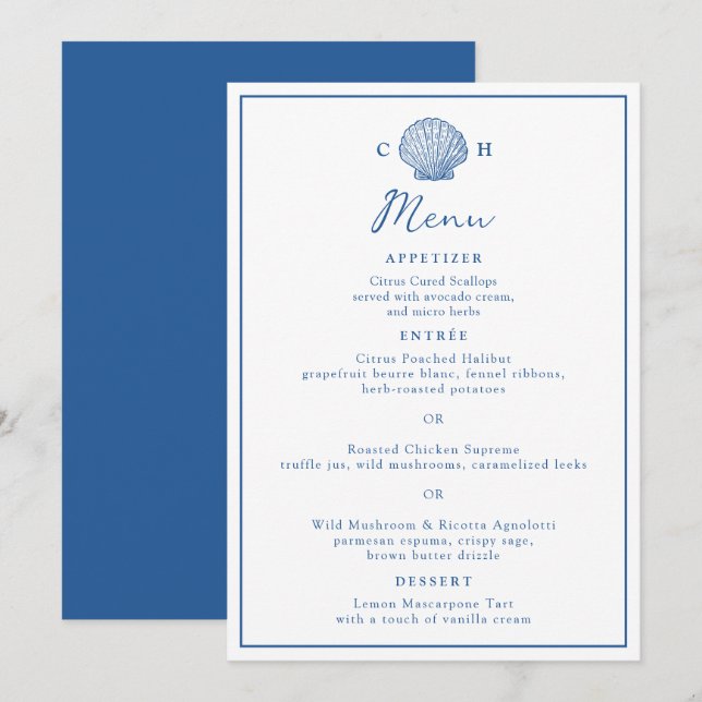 Cartão de Menu de Casamento Concha Azul Francês (Frente/Verso)