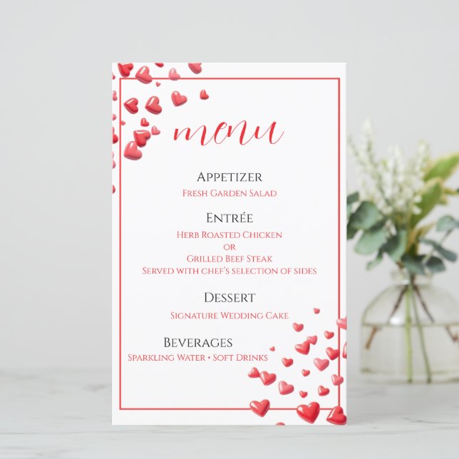 Cartão de Menu de Casamento Corações Rosa Suave (Em pé/Frente)