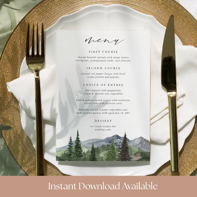 Cartão de Menu de Casamento da Floresta da Montanh (Criador carregado)