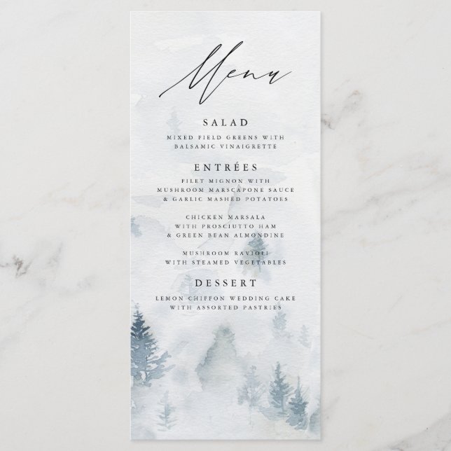 Cartão de Menu de Casamento da Floresta de Inverno (Frente)