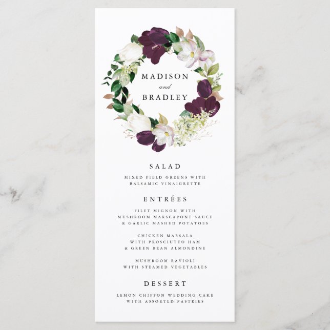 Cartão de Menu de Casamento Dark Plum Floral (Frente)