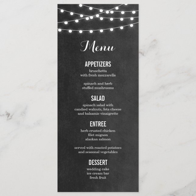Cartão de Menu de Casamento das Luzes de Corda de  (Frente)