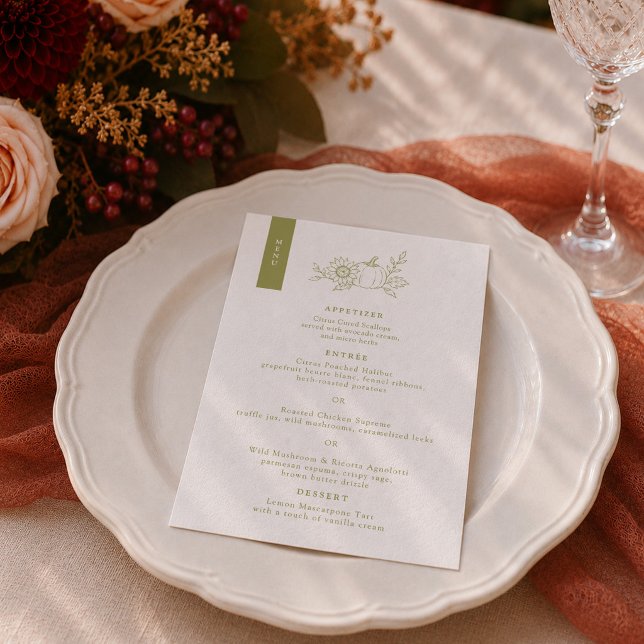 Cartão de Menu de Casamento de Abóbora Verde Oliva (Criador carregado)