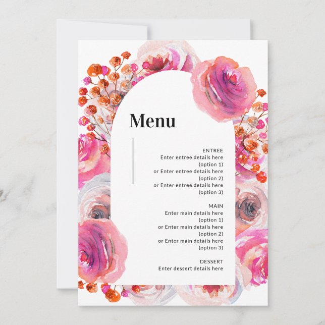 Cartão de Menu de Casamento de Arco Floral Vibrant (Frente)