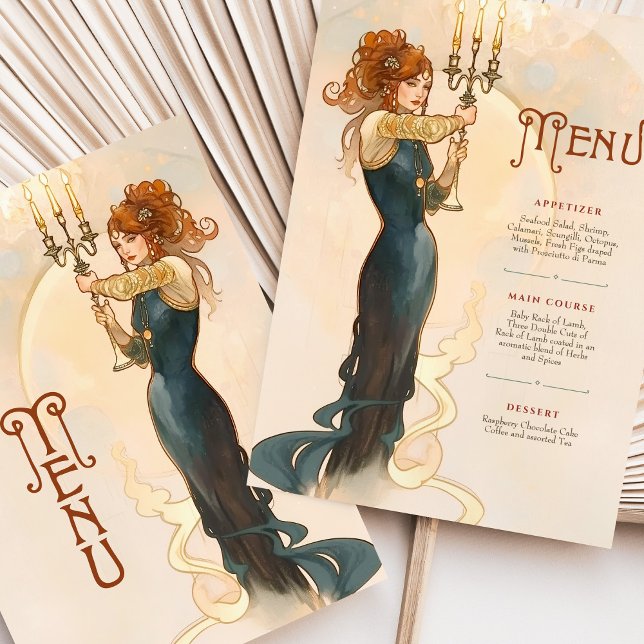 Cartão de Menu de Casamento de Art Nouveau Candlel (Criador carregado)