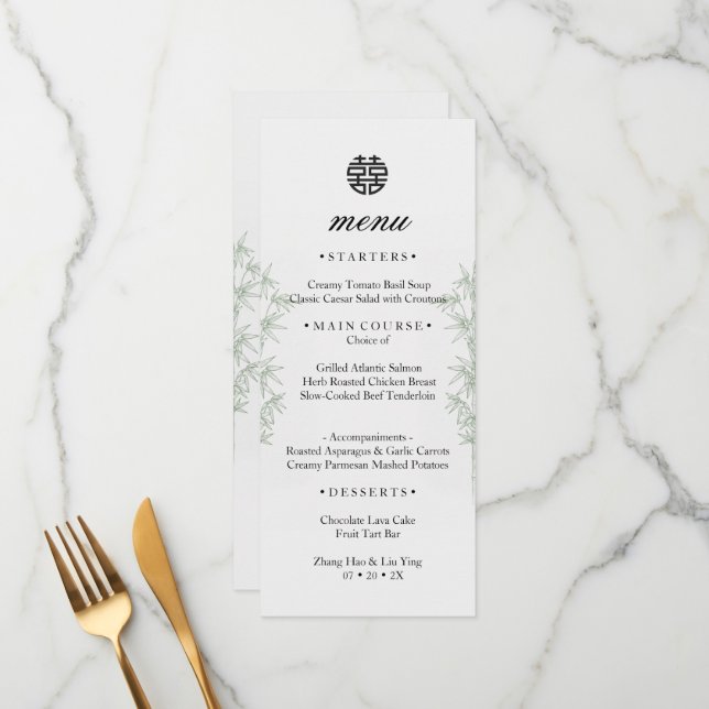 Cartão de Menu de Casamento de Bambu Felicidade Du (Frente/Verso In Situ)