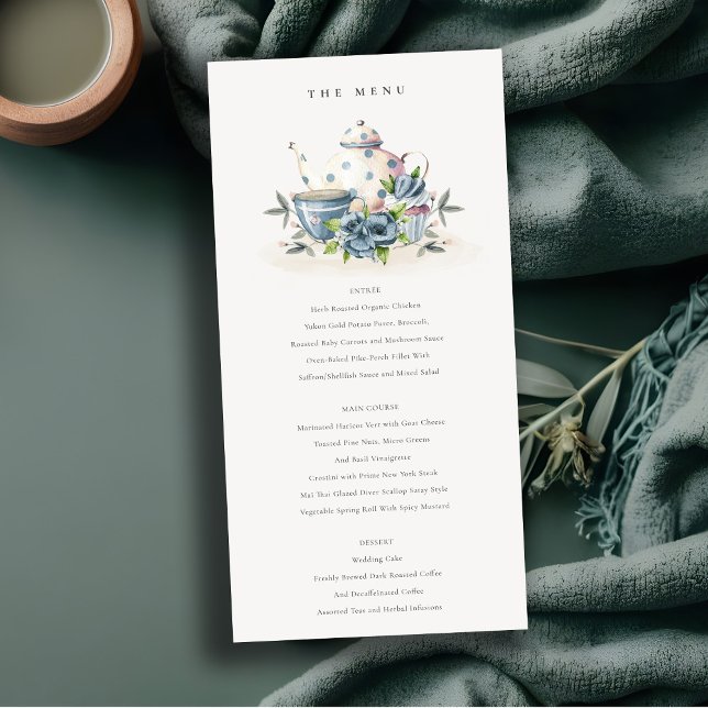 Cartão de Menu de Casamento de Blocos Florais Azul (Criador carregado)