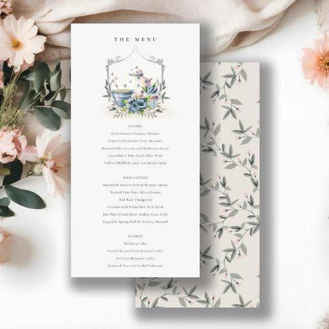 Cartão de Menu de Casamento de Boca Floral Azul Aq (Criador carregado)