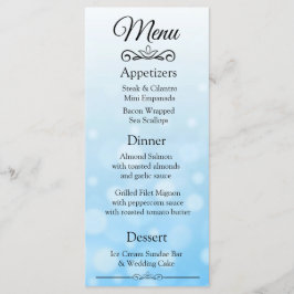 Cartão de Menu de Casamento de Bokeh Azul Decorati