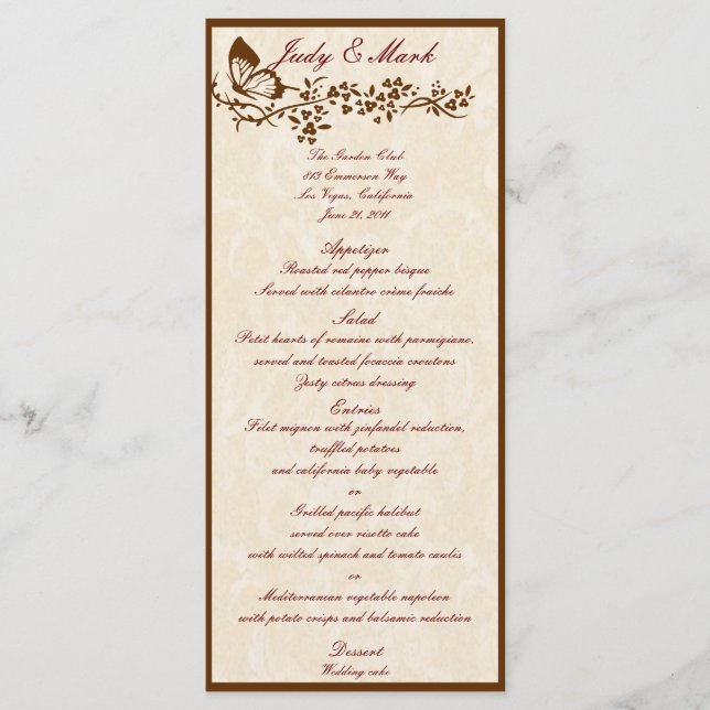 Cartão de Menu de Casamento de Borboleta Elegante (Frente)