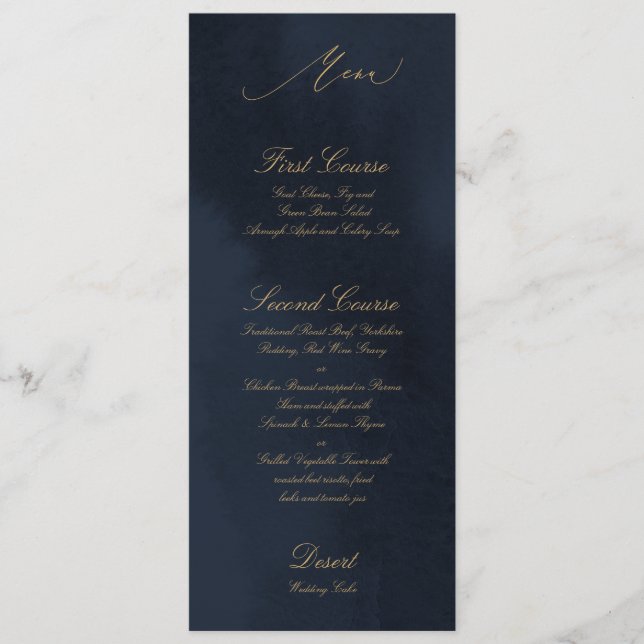 Cartão de Menu de Casamento de Caligrafia Azul-Mei (Frente)