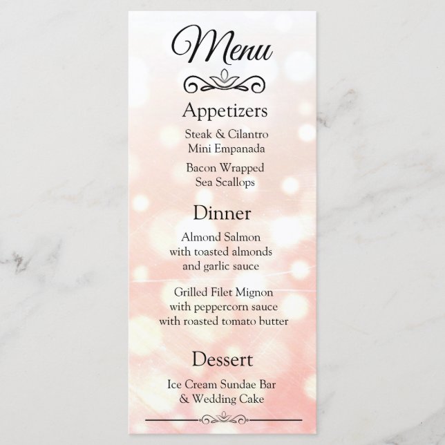 Cartão de Menu de Casamento de Coral Elegante Deco (Frente)