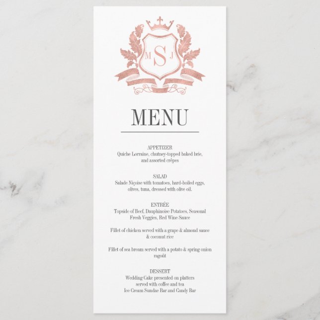 Cartão de Menu de Casamento de Crest Dourado Cláss (Frente)