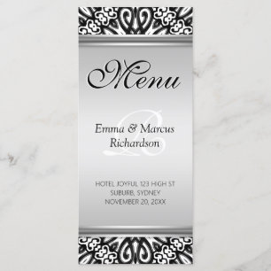 Cartão de Menu de Casamento de Decoração Negra e B