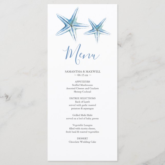 Cartão de Menu de Casamento de Estrela-do-Mar com  (Frente)