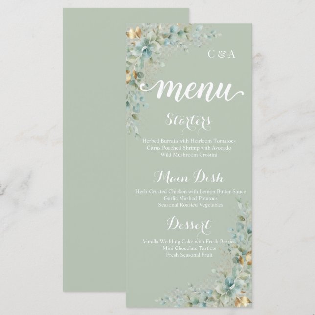 Cartão de Menu de Casamento de Eucalipto Botânico  (Frente/Verso)