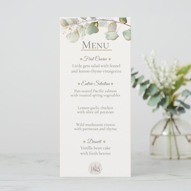 Cartão de Menu de Casamento de Eucalipto Costeiro (Em pé/Frente)