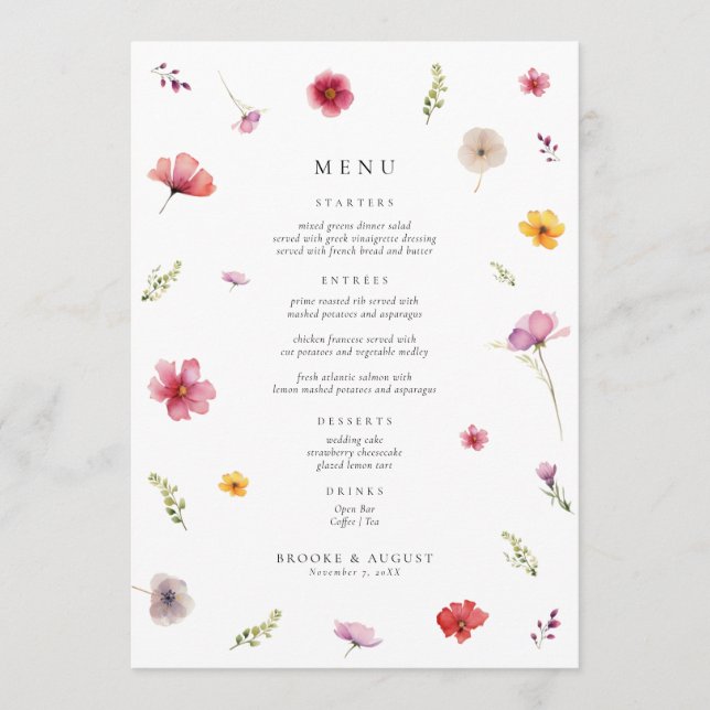 Cartão de Menu de Casamento de Flores Silvestres d (Frente)