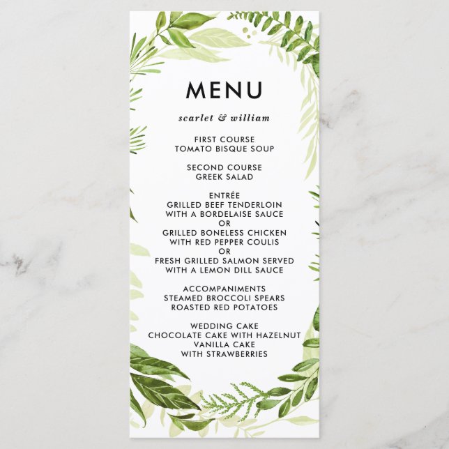 Cartão de Menu de Casamento de Folhagem Verde Selv (Frente)