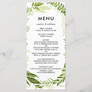 Cartão de Menu de Casamento de Folhagem Verde Selv
