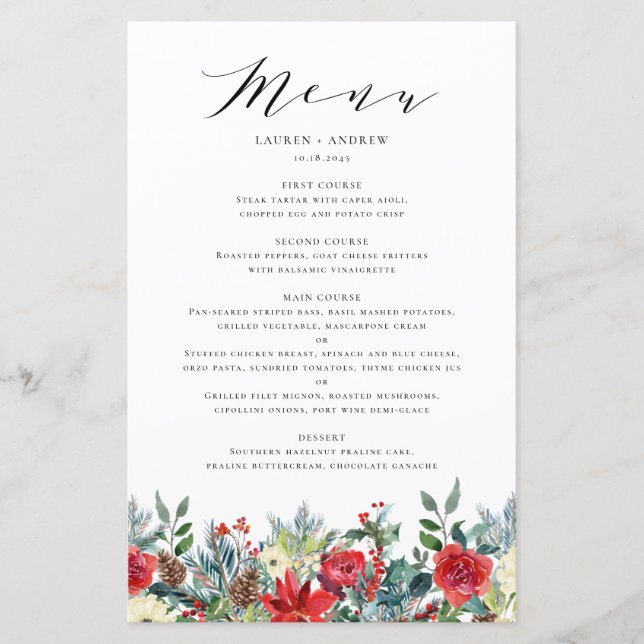 Cartão de Menu de Casamento de Garland Winter Bloo (Frente)