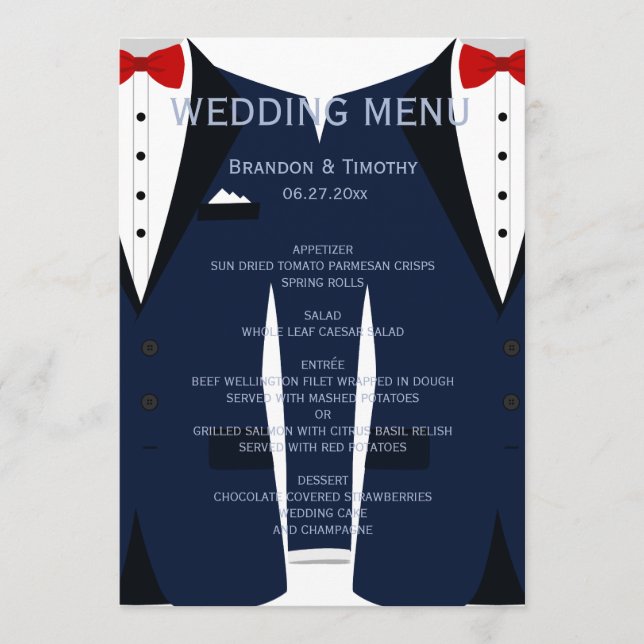 Cartão De Menu De Casamento De Gay Branco E Azul P (Frente)