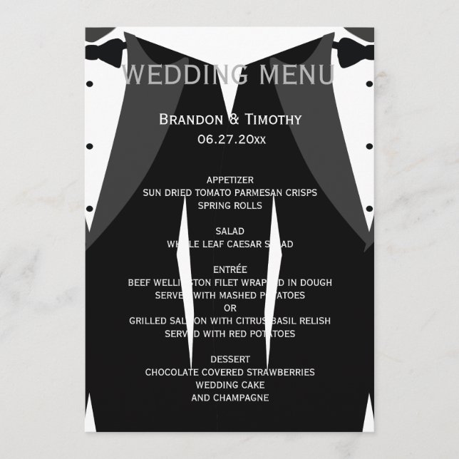Cartão de Menu De Casamento De Gay Branco E Preto  (Frente)