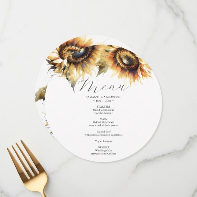 Cartão de Menu de Casamento de Girassol (Frente/Verso In Situ)