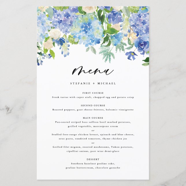 Cartão de Menu de Casamento de Hydrangeas Azul de  (Frente)