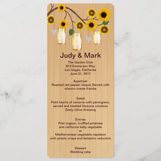 Cartão de Menu de Casamento de Mason Jars Amarelo- (Frente)