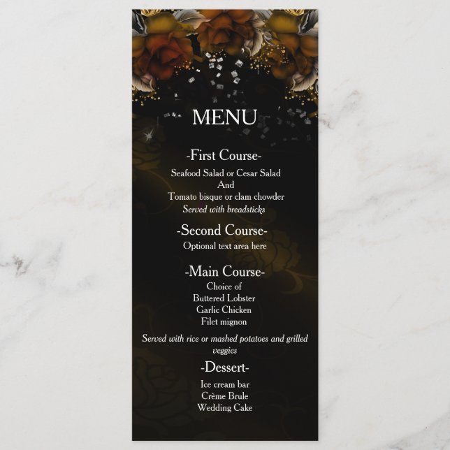 Cartão de Menu de Casamento de Outono com Rosas Fl (Frente)