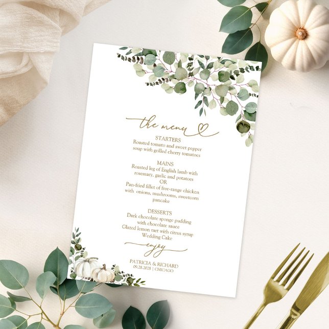 Cartão de Menu de Casamento de Outono com Vegetaçã (Criador carregado)
