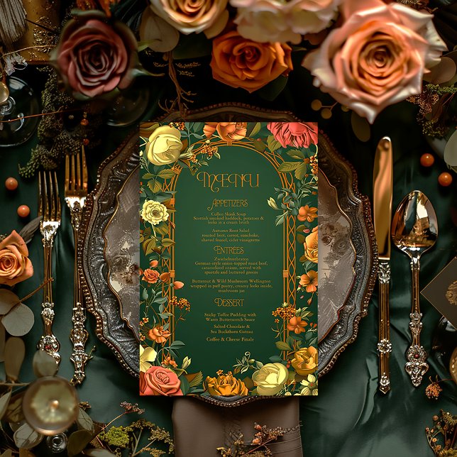 Cartão de Menu de Casamento de Outono Encantado -  (Druid Hills Woodland Floral Wedding Menu)