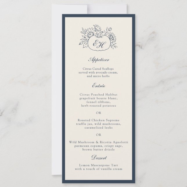 Cartão de Menu de Casamento de Outono Ivory Navy (Frente)