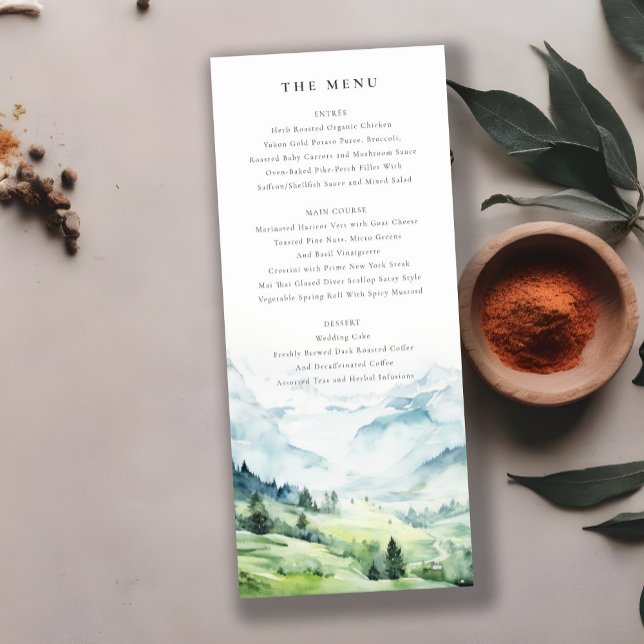 Cartão de Menu de Casamento de Paisagem de Montanh (Criador carregado)