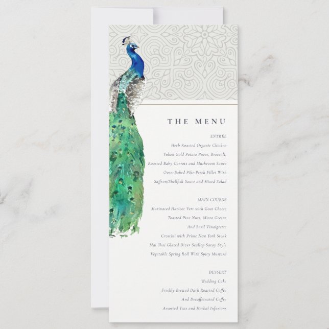 Cartão de Menu de Casamento de Peacock com Aquarel (Frente)
