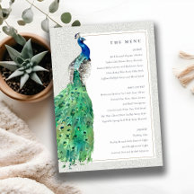 Cartão de Menu de Casamento de Peacock com Aquarel