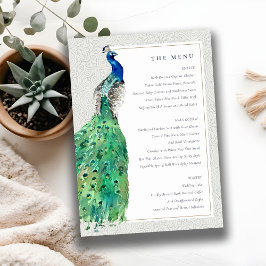 Cartão de Menu de Casamento de Peacock com Aquarel