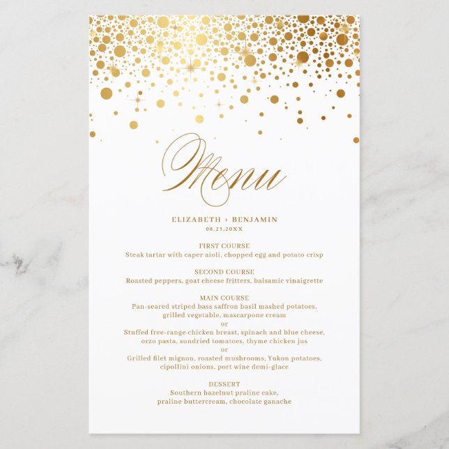 Cartão de Menu de Casamento de Pontos de Confetti  (Frente)