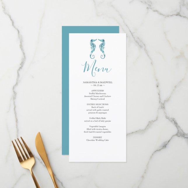Cartão de Menu de Casamento de Praia Personalizado (Frente/Verso In Situ)