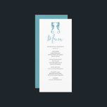 Cartão de Menu de Casamento de Praia Personalizado<br><div class="desc">Conclua sua celebração com os cartões de casamento de praia, o toque perfeito para sua decoração de casamento de praia. Projetados com elegantes cavalos-marinhos aquosos em tons calmantes de azul, eles trazem charme costeiro à sua cola enquanto complementam qualquer tema de casamento ou estilo de casamento náutico. Esses cartões personalizados...</div>