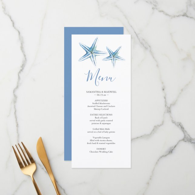 Cartão de Menu de Casamento de Praia Personalizado (Frente/Verso In Situ)