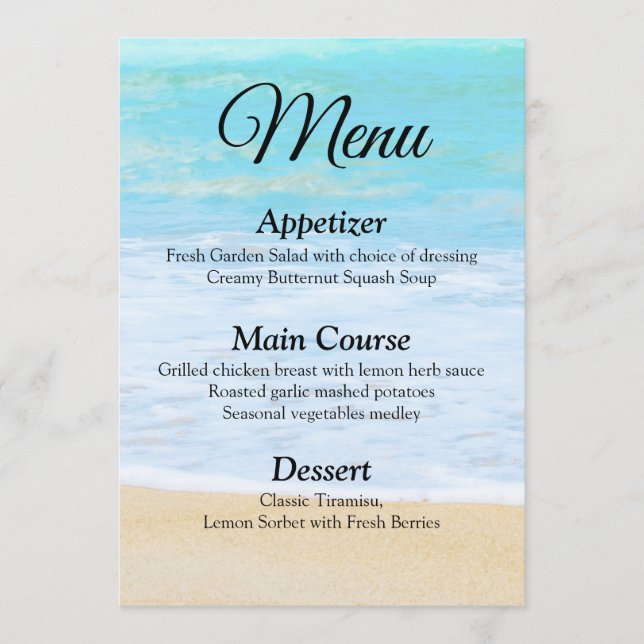 Cartão de Menu de Casamento de Praia Tropical Summ (Frente)
