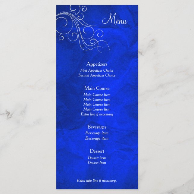 Cartão de Menu de Casamento de Prata Azul-Brilhant (Frente)