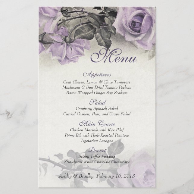 Cartão de Menu de Casamento de Rosa de Silver Ster (Frente)