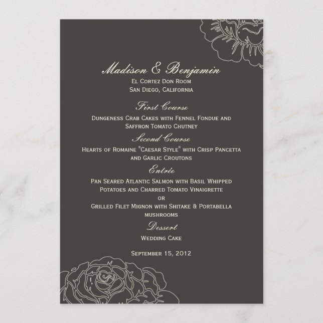 Cartão de Menu de Casamento de Rosa Garden - Carvã (Frente)