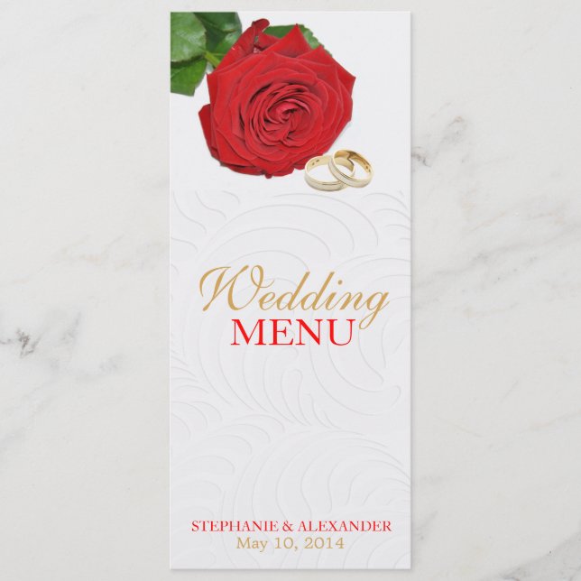 Cartão de Menu de Casamento de Rosa vermelha Elega (Frente)